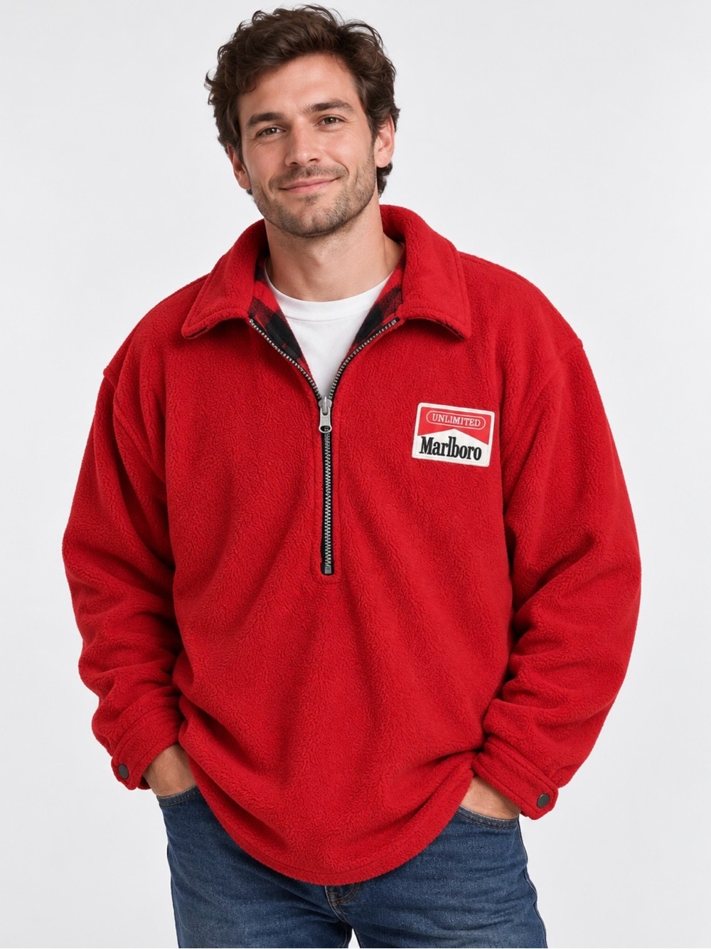 Marlboro Unlimited Vintage 90’s fleece Red/Buffalo Check Quarter zip Tagless